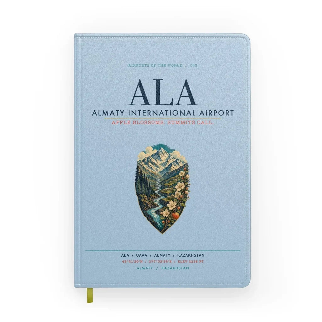 Almaty International Airport (ALA) design on light blue notebook