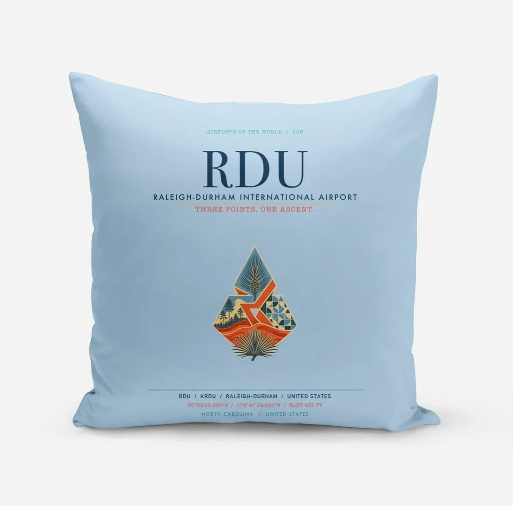 Raleigh-Durham International Airport (RDU) design on light blue pillow