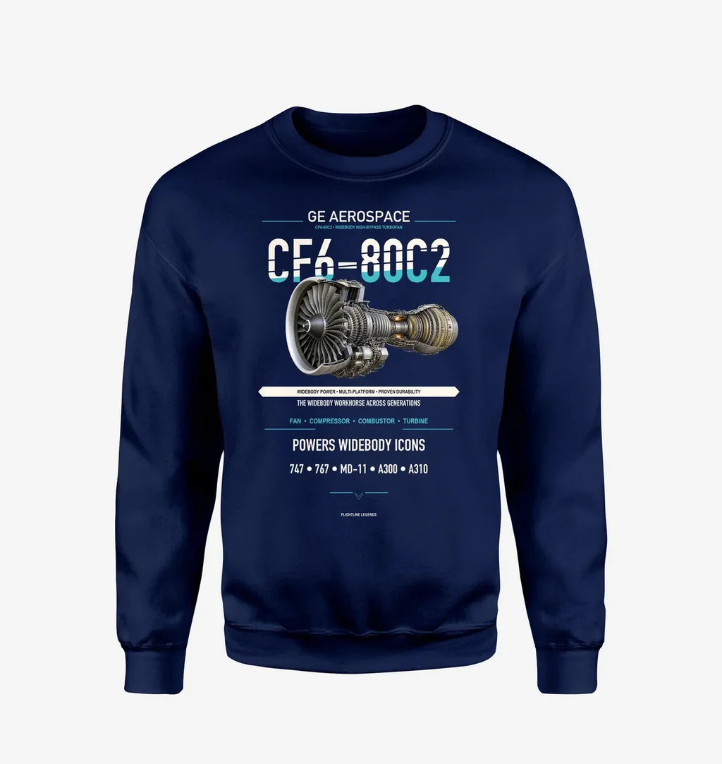 CF6-80C2 design on navy blue sweatshirt