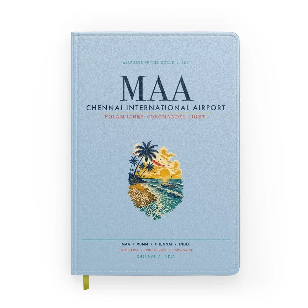Chennai International Airport (MAA) design on light blue notebook