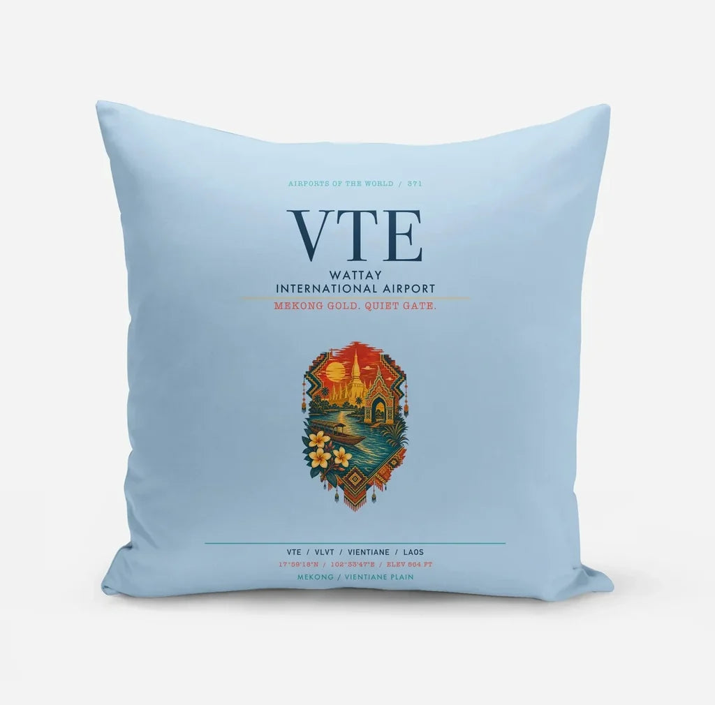 Wattay International Airport Vientiane (VTE) design on light blue pillow