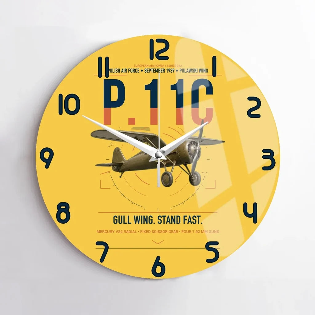 PZL P.11c design on yellow no frame wall clock