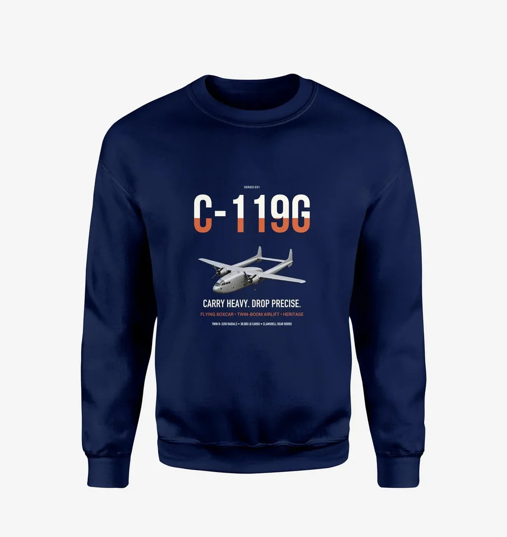 C-119G Flying Boxcar design on navy blue sweatshirt