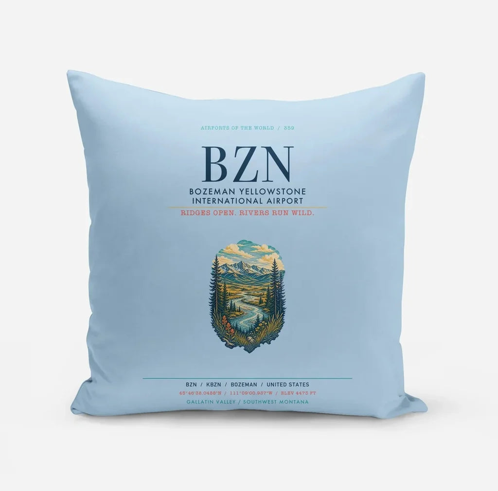 Bozeman Yellowstone International Airport (BZN) design on light blue pillow