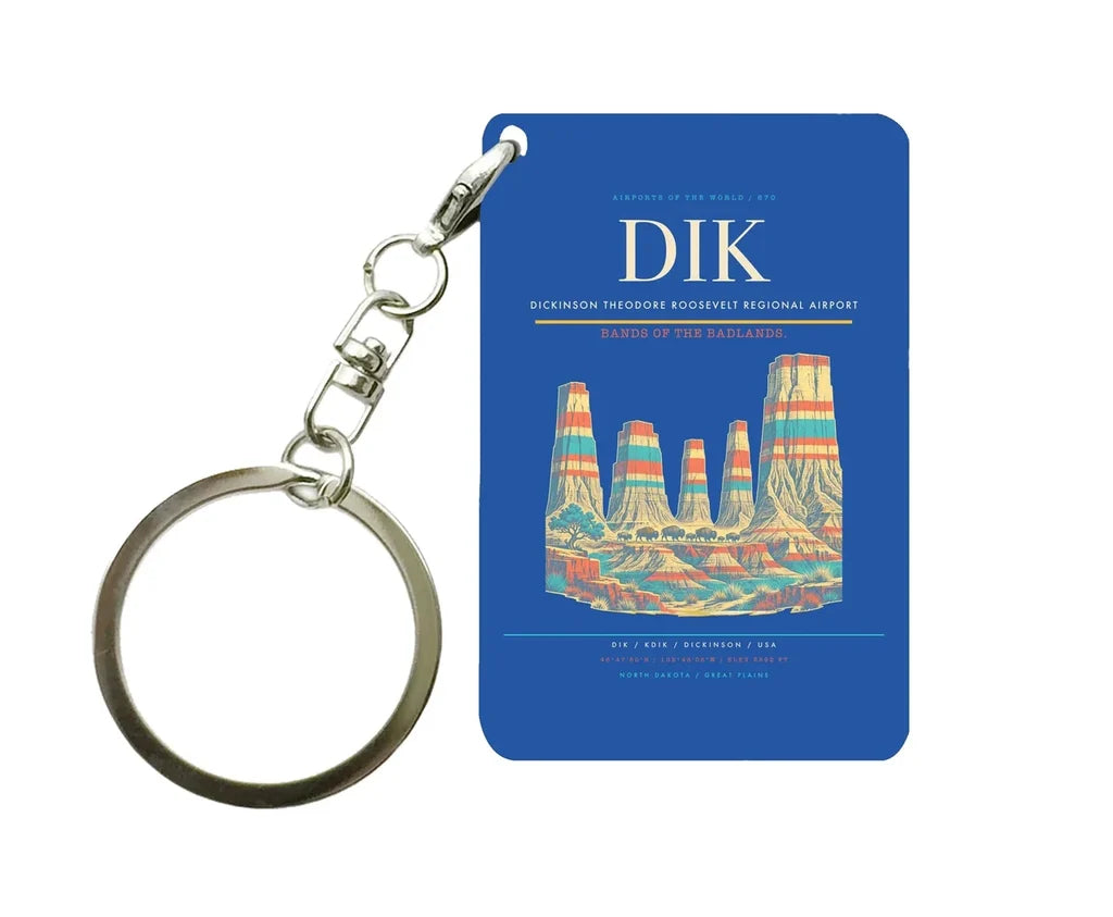 Dickinson Theodore Roosevelt Regional Airport (DIK) design on blue key chain