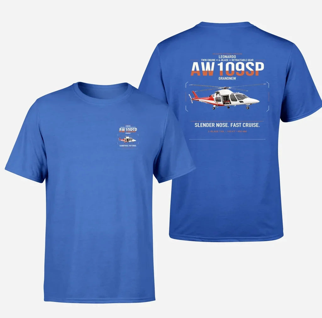 Leonardo AW109SP GrandNew design on blue t-shirt, double-side print