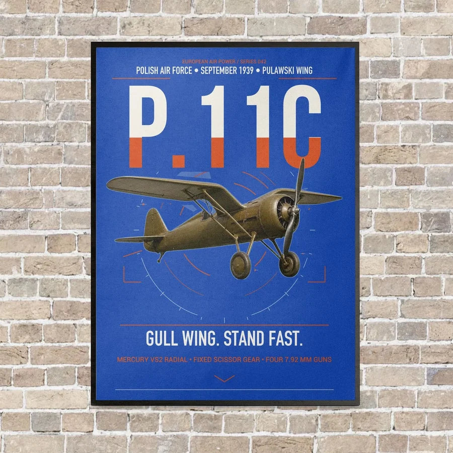 PZL P.11c vertical canvas print - framed - blue background