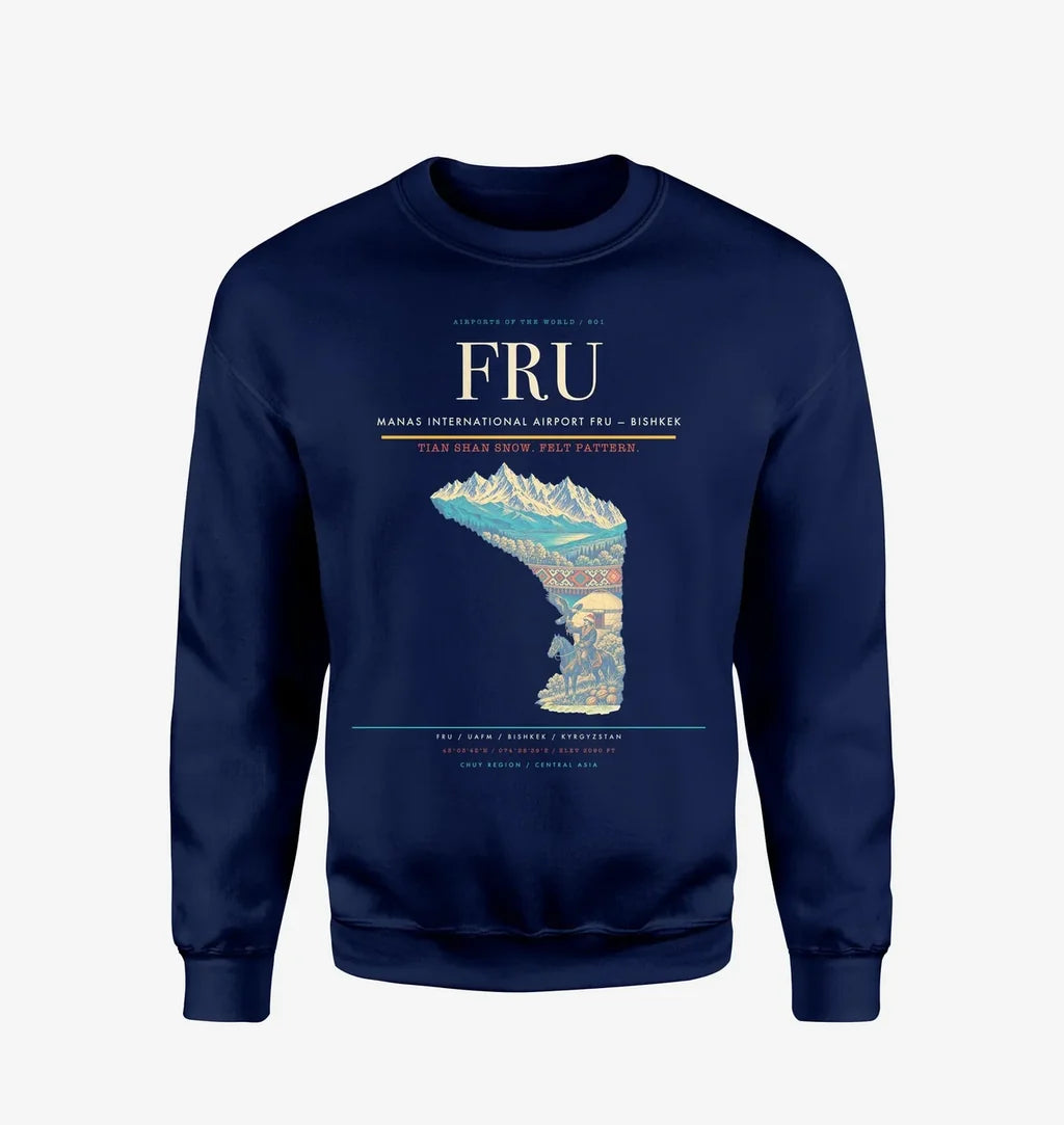 Manas International Airport (FRU) design on navy blue sweatshirt
