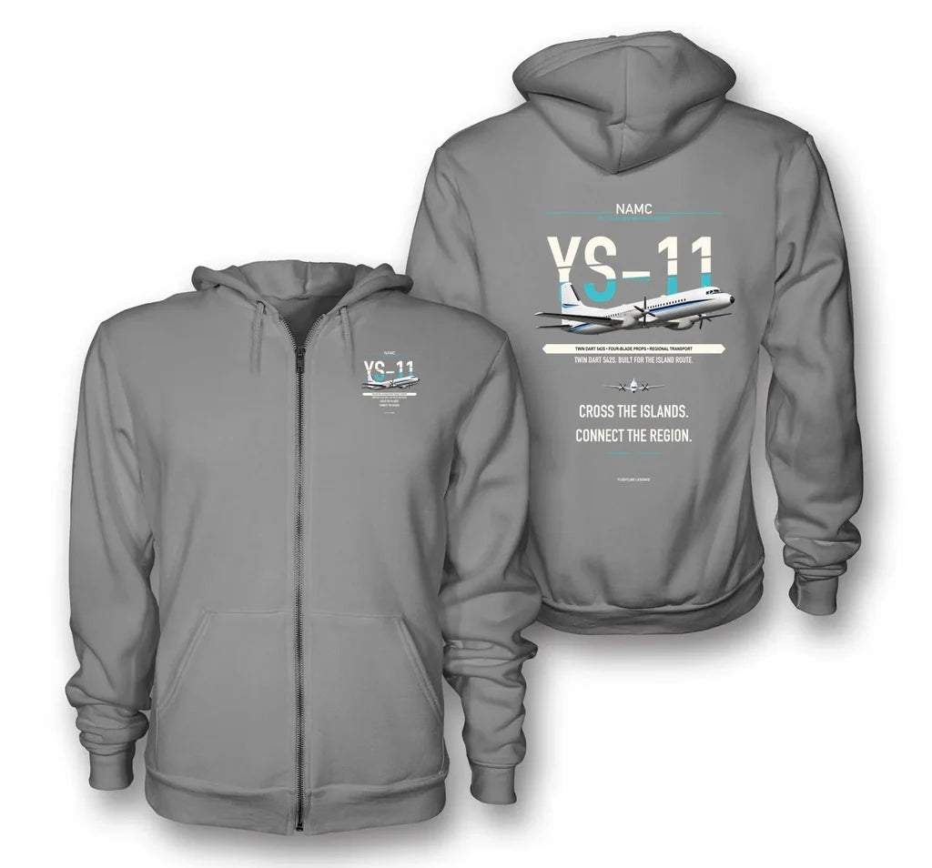 NAMC YS-11A design on gray zipped hoodie