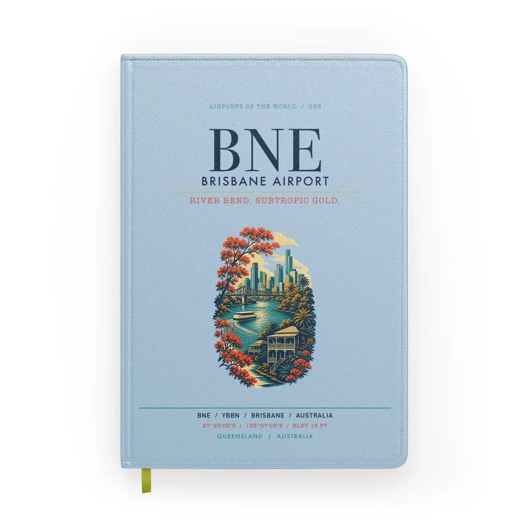 Brisbane Airport (BNE) design on light blue notebook