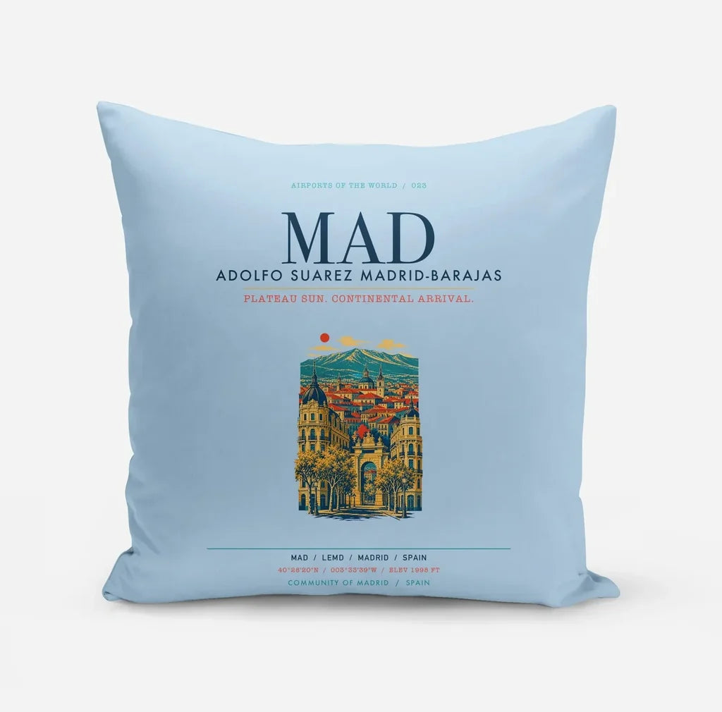 Adolfo Suarez Madrid-Barajas Airport (MAD) design on light blue pillow