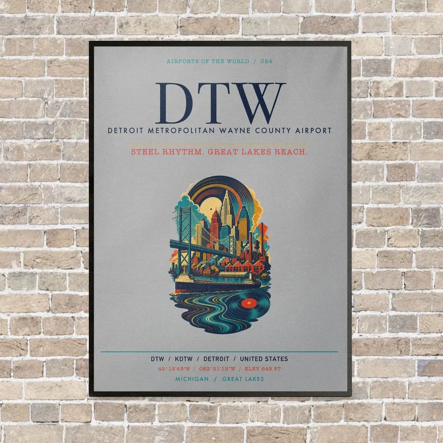 Detroit Metropolitan Wayne County Airport DTW vertical canvas print - framed - light gray background