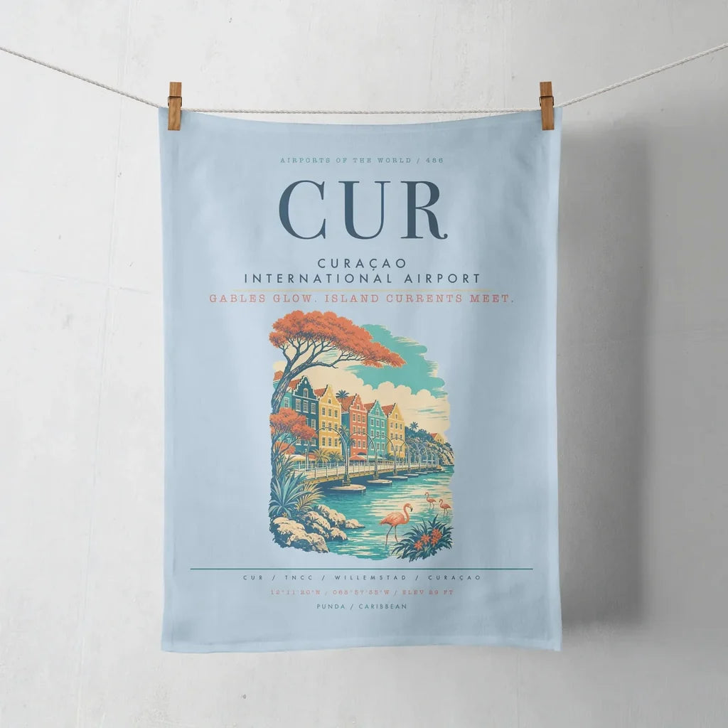 Curaçao International Airport (CUR) design on light blue towel