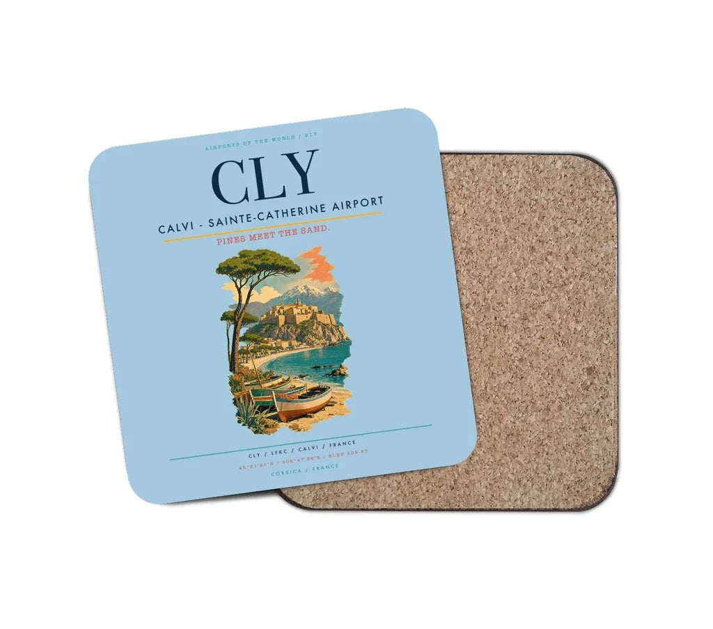 Calvi (CLY) design on light blue 1 piece coaster