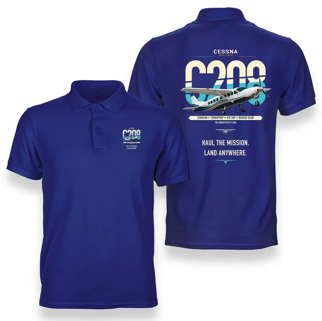 Cessna 208 Caravan design on blue double-side polo t-shirt, double-side print