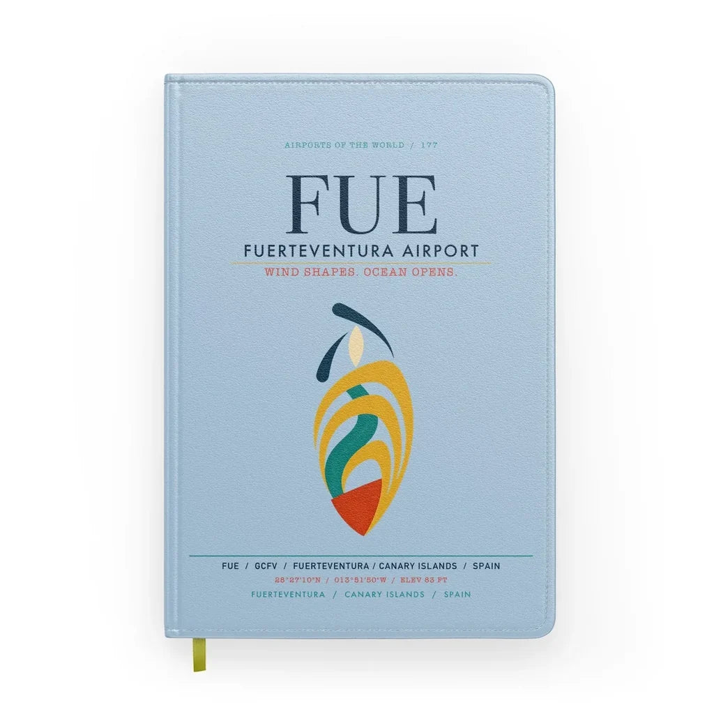 Fuerteventura Airport (FUE) design on light blue notebook