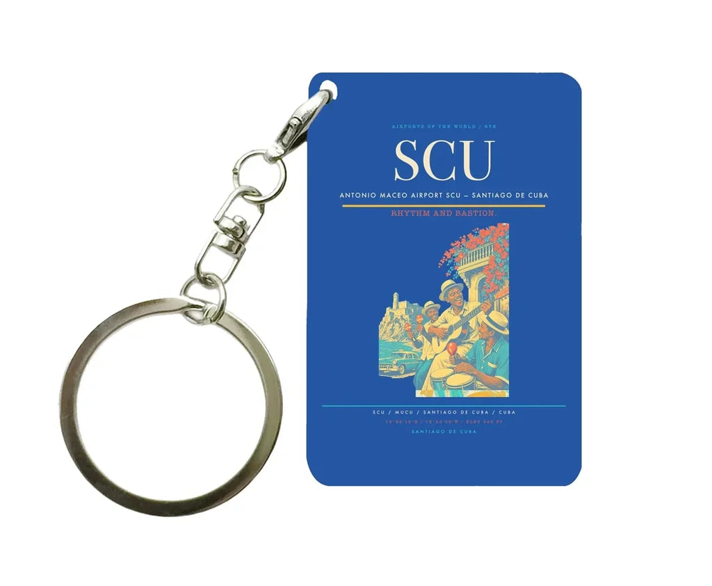 Antonio Maceo Airport (SCU) design on blue key chain