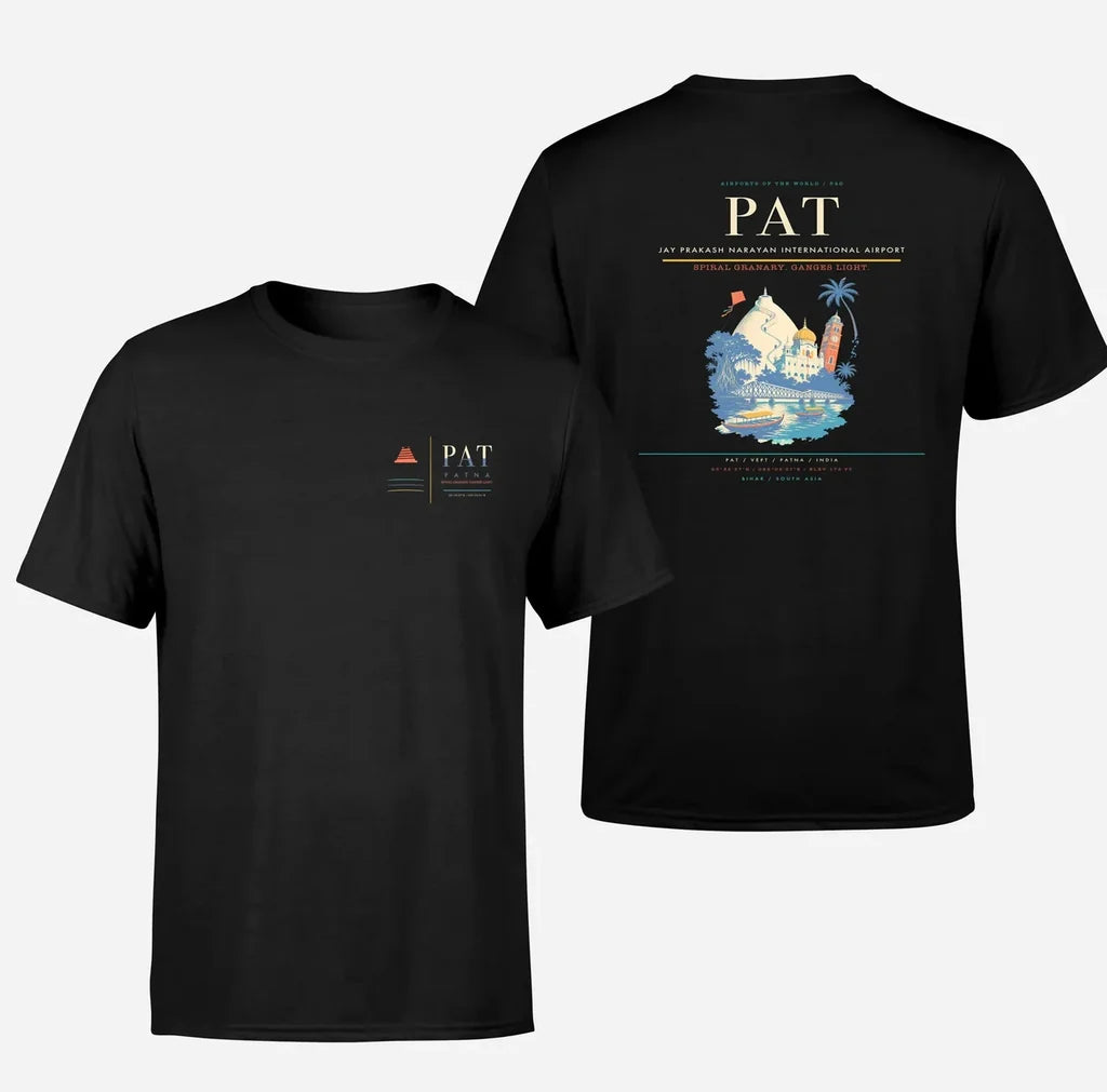 Jay Prakash Narayan International Airport (PAT) design printed on black double-side t-shirt