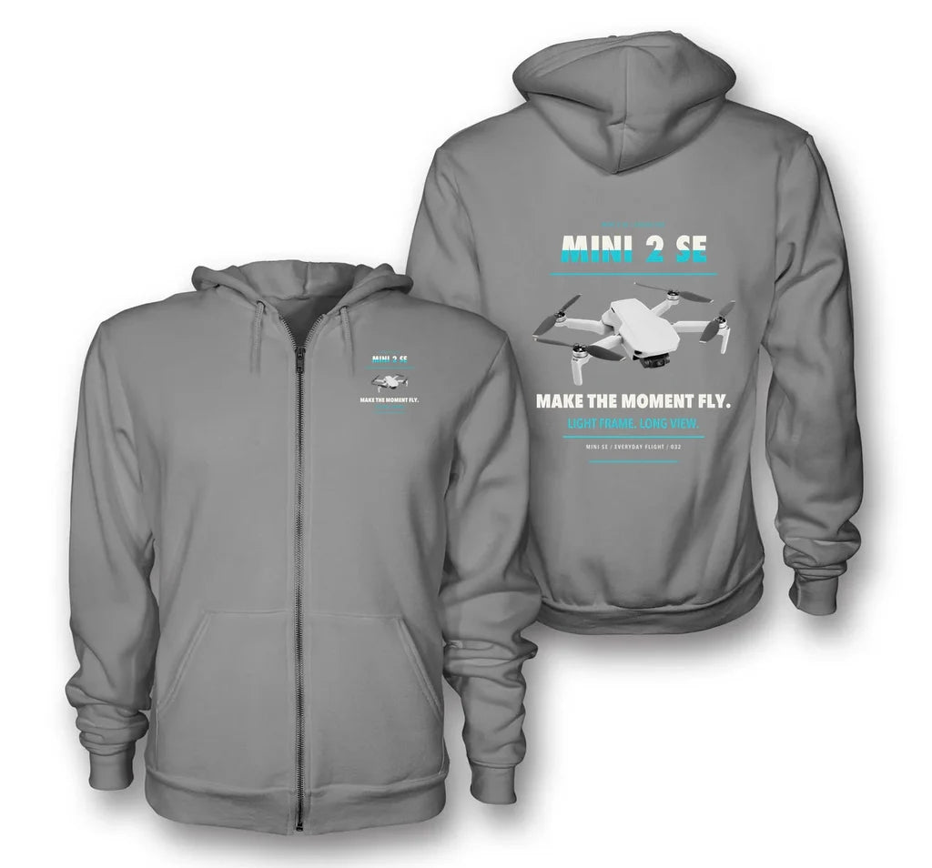 DJI Mini 2 SE design on gray zipped hoodie