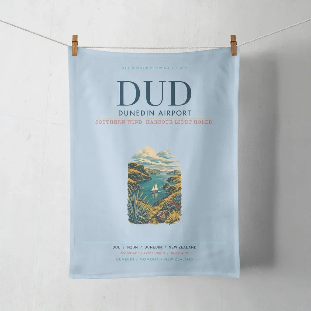 Dunedin Airport (DUD) design on light blue towel