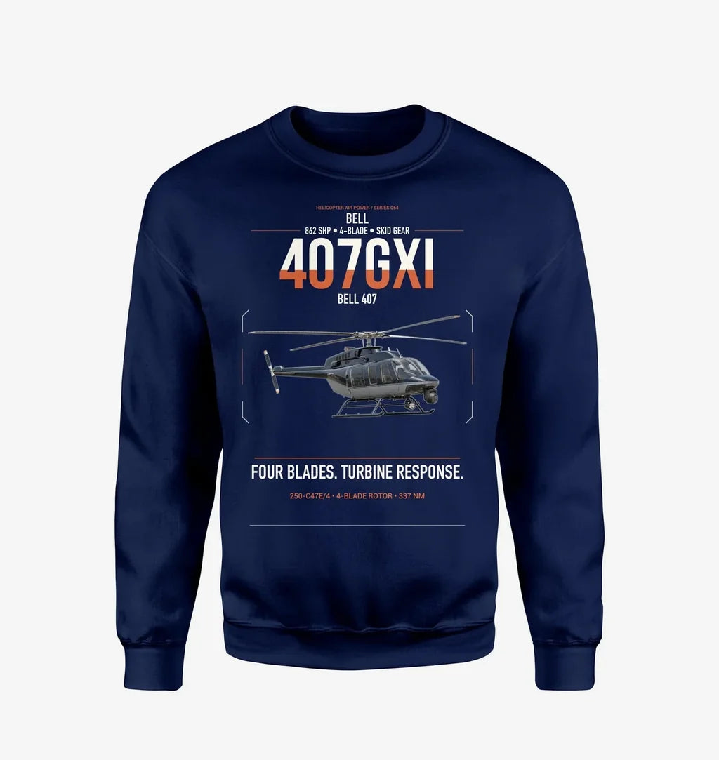 Bell 407GXi design on navy blue sweatshirt