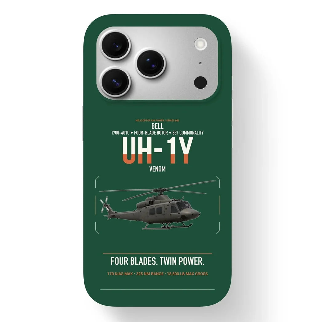 Bell UH-1Y Venom design on dark green magsafe iphone case, for iPhone 17 Pro