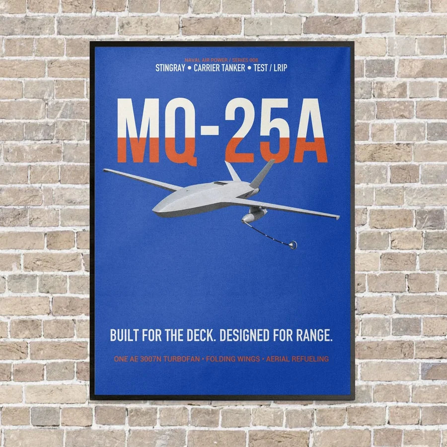 MQ-25A STINGRAY vertical canvas print - framed - blue background
