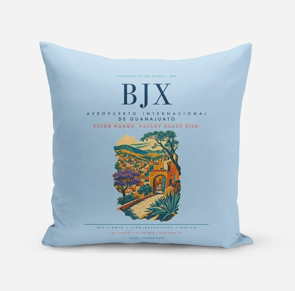 Aeropuerto Internacional de Guanajuato (BJX) design on light blue pillow