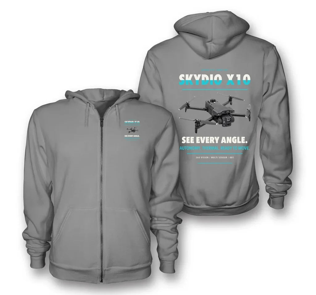 Skydio X10 design on gray zipped hoodie