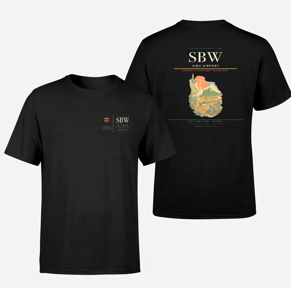 Sibu Airport (SBW) design printed on black double-side t-shirt