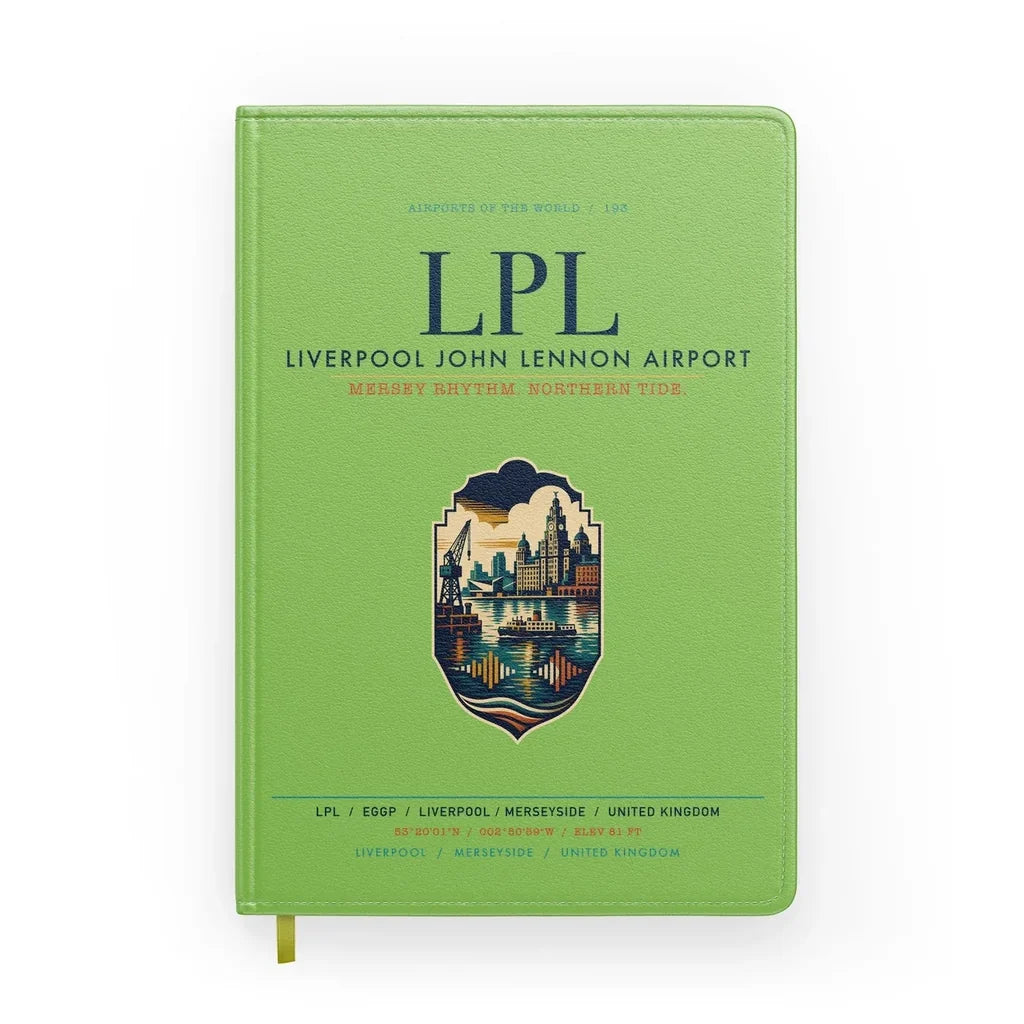 Liverpool John Lennon Airport (LPL) design on light green notebook