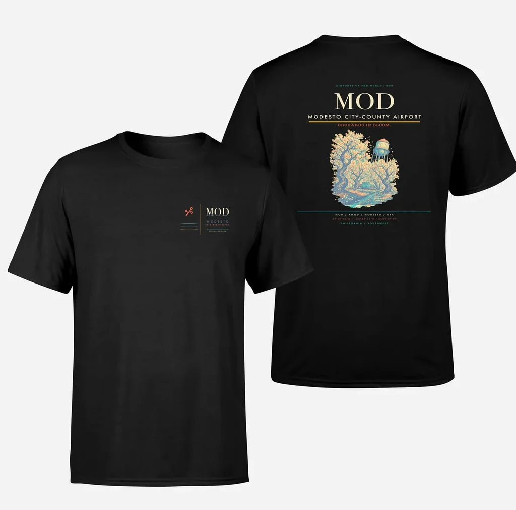 Modesto City-County Airport (MOD) design printed on black double-side t-shirt