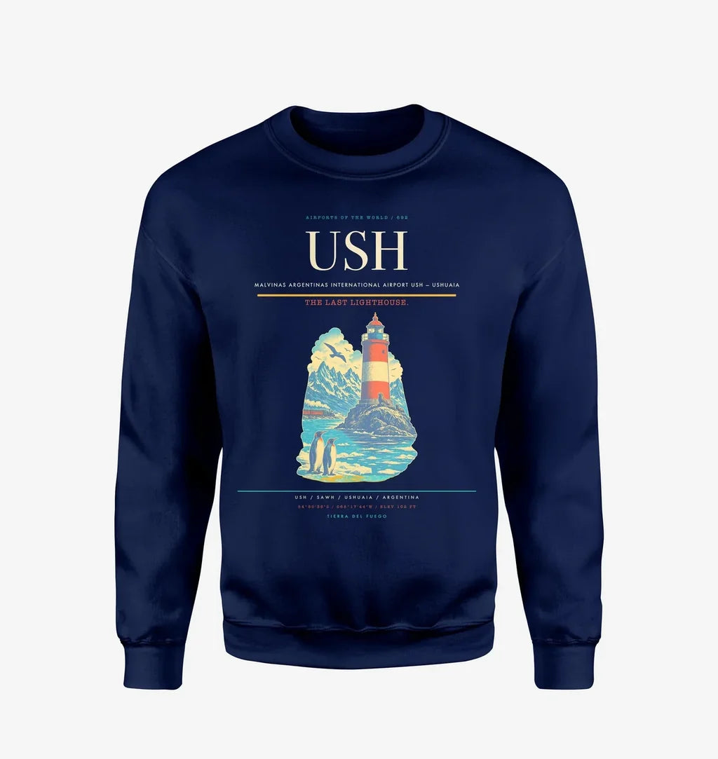Malvinas Argentinas International Airport (USH) design on navy blue sweatshirt