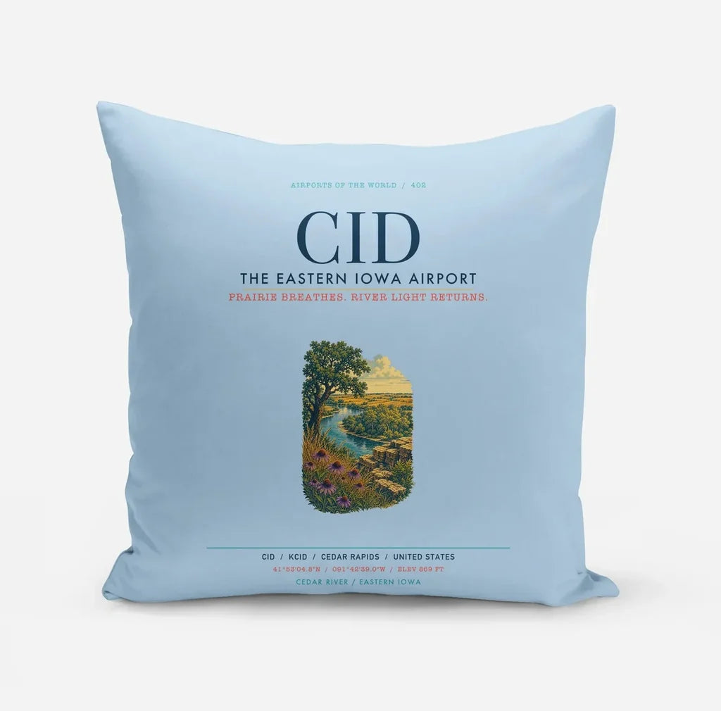 The Eastern Iowa Airport Cedar Rapids (CID) design on light blue pillow