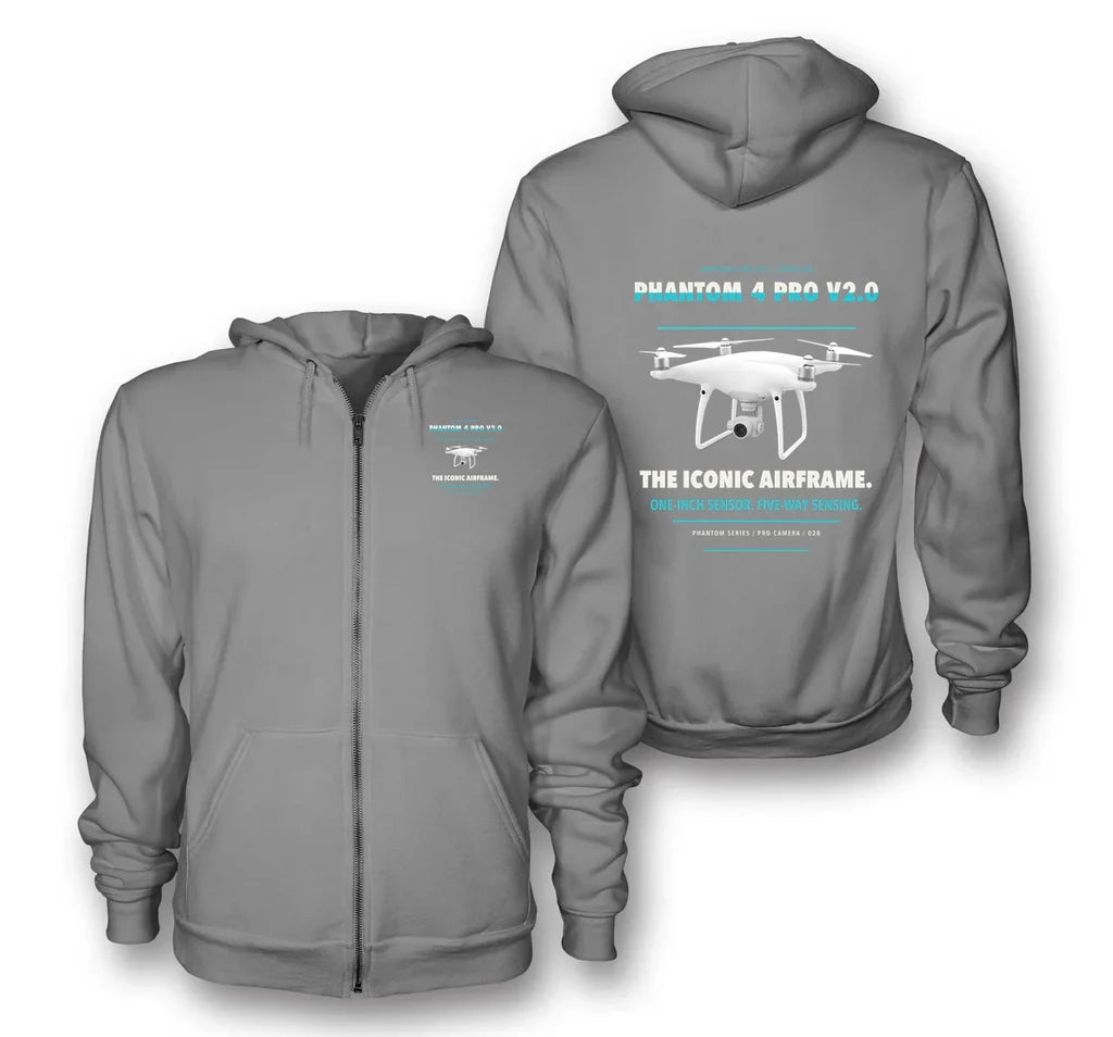 DJI Phantom 4 Pro V2.0 design on gray zipped hoodie