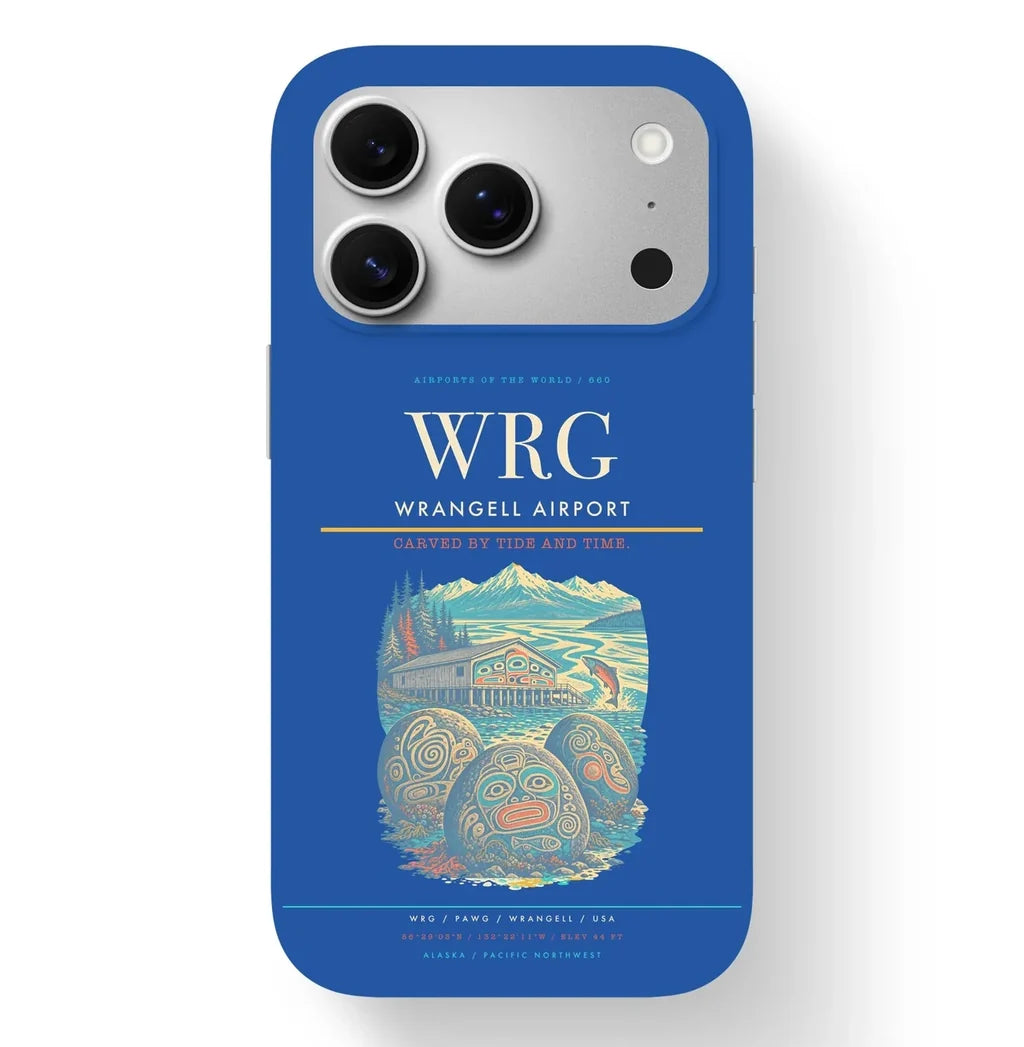 Wrangell Airport (WRG) design on blue iPhone 17 Pro MagSafe case