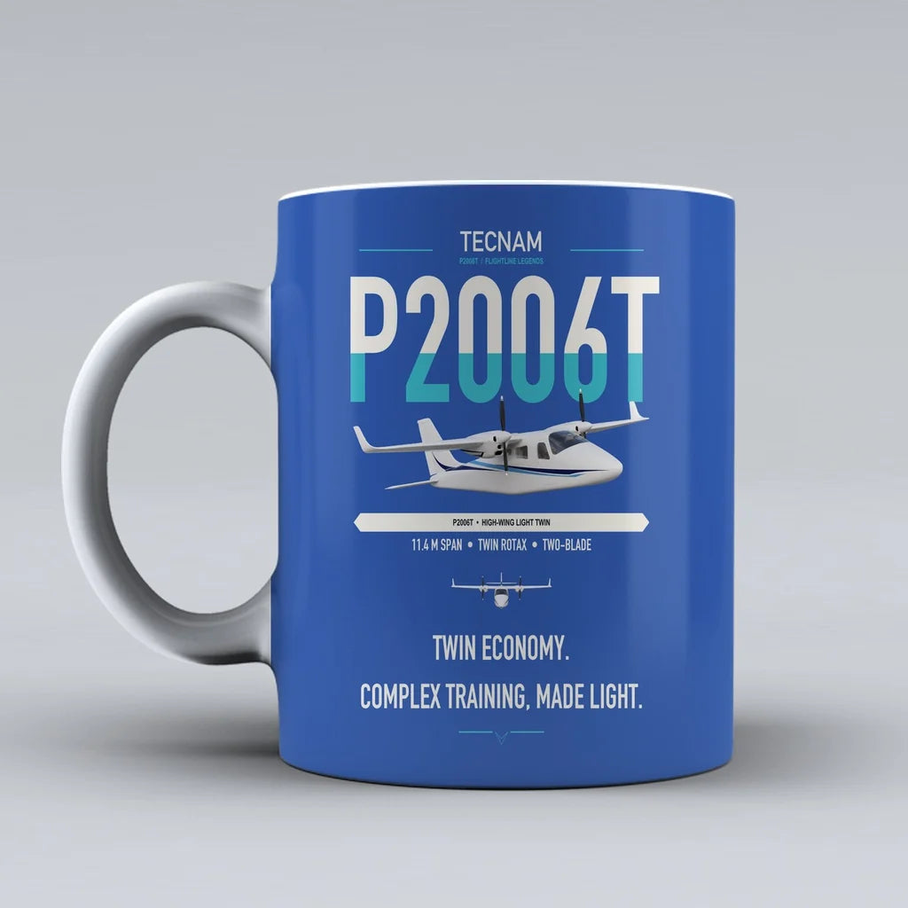 Tecnam P2006T design on blue ceramic mug, double-side print