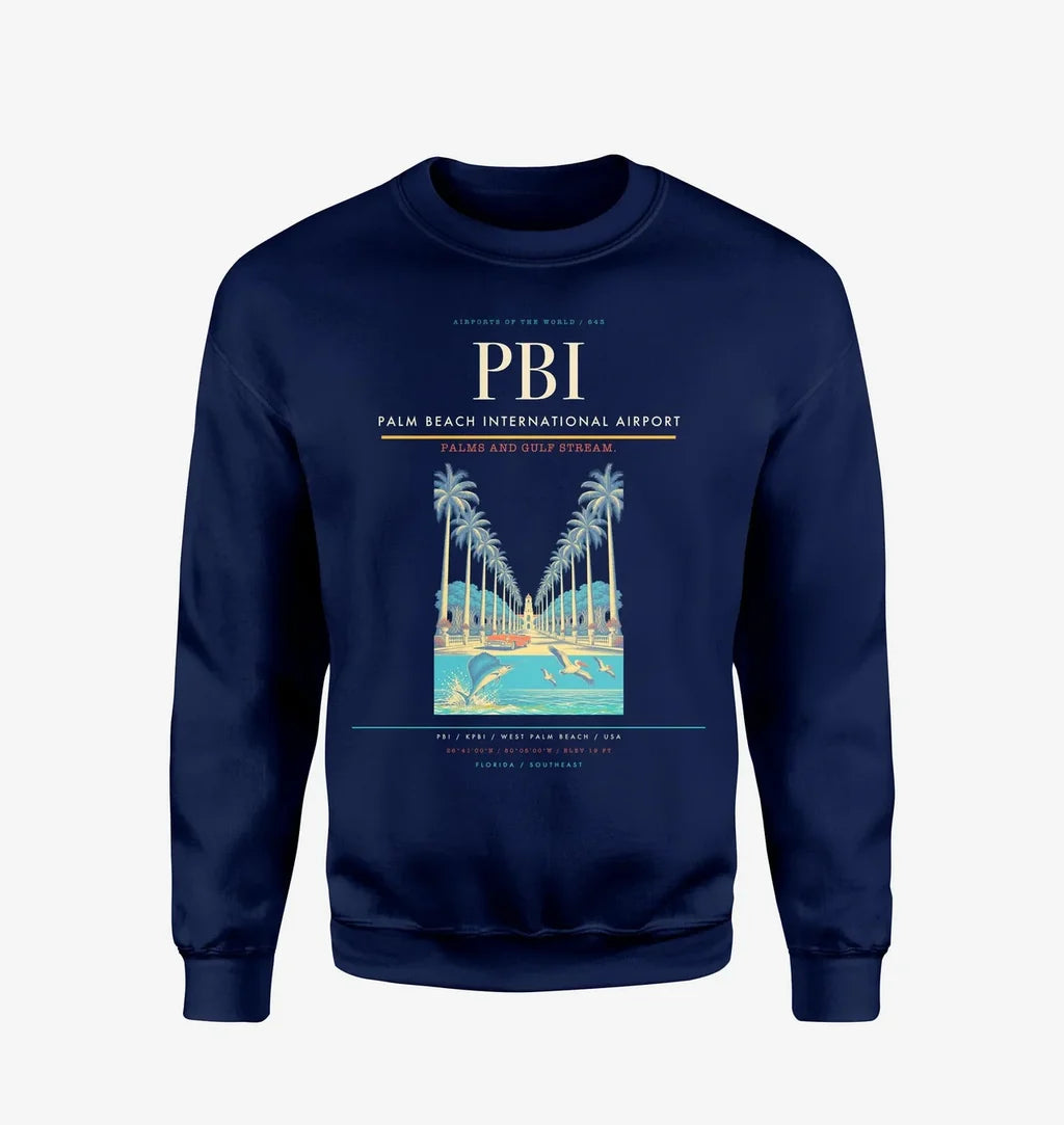 Palm Beach International Airport (PBI) design on navy blue sweatshirt