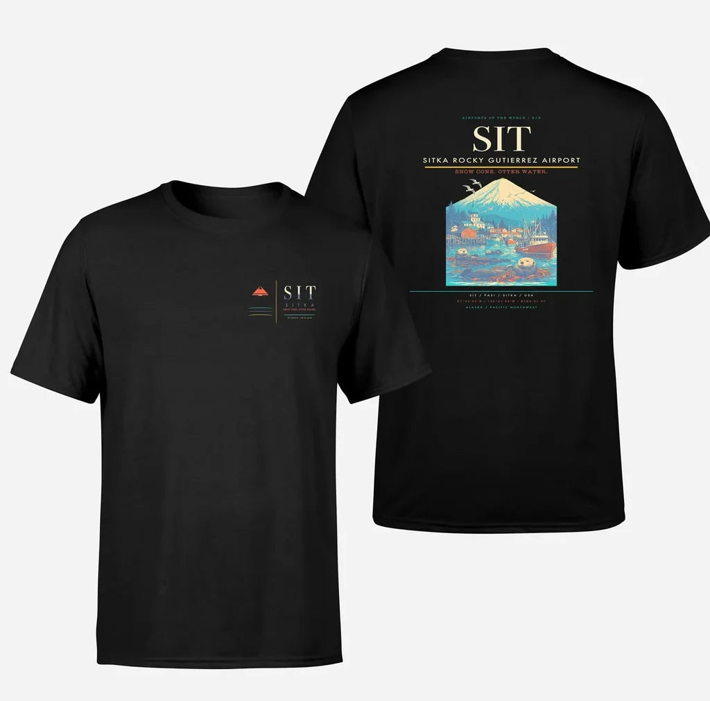 Sitka Rocky Gutierrez Airport (SIT) design printed on black double-side t-shirt