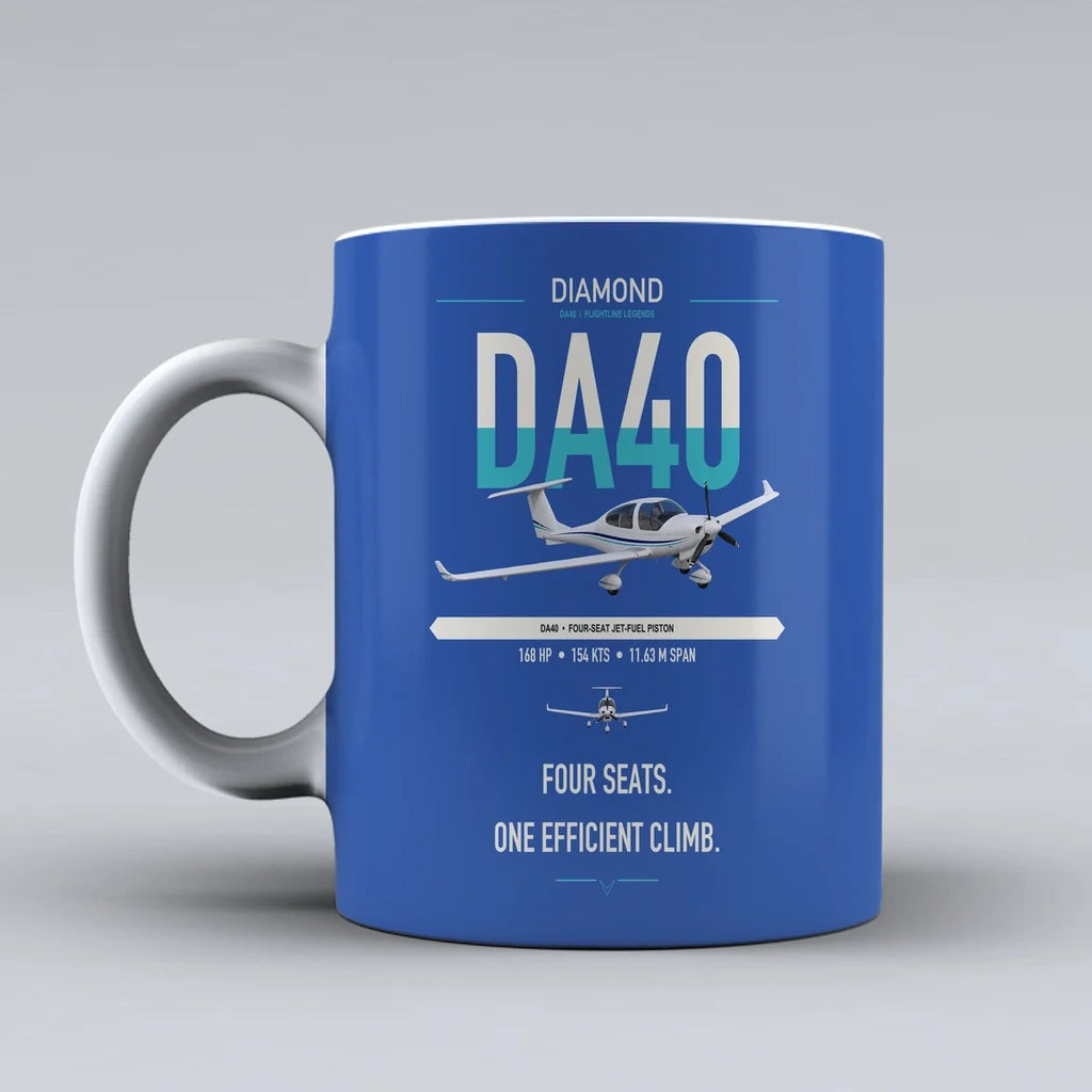 Diamond DA40 design on blue ceramic mug, double-side print