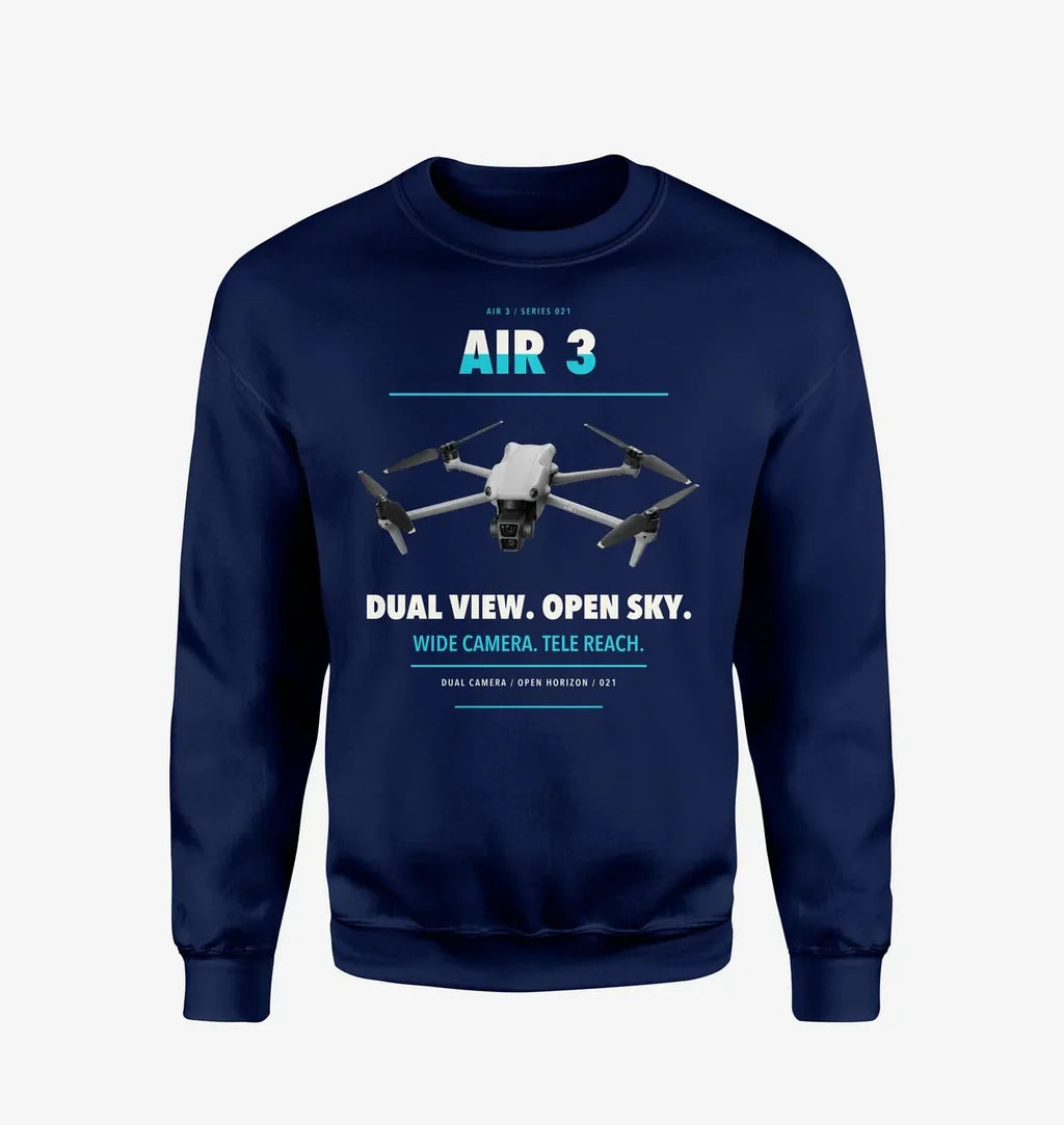 DJI Air 3 design on navy blue sweatshirt