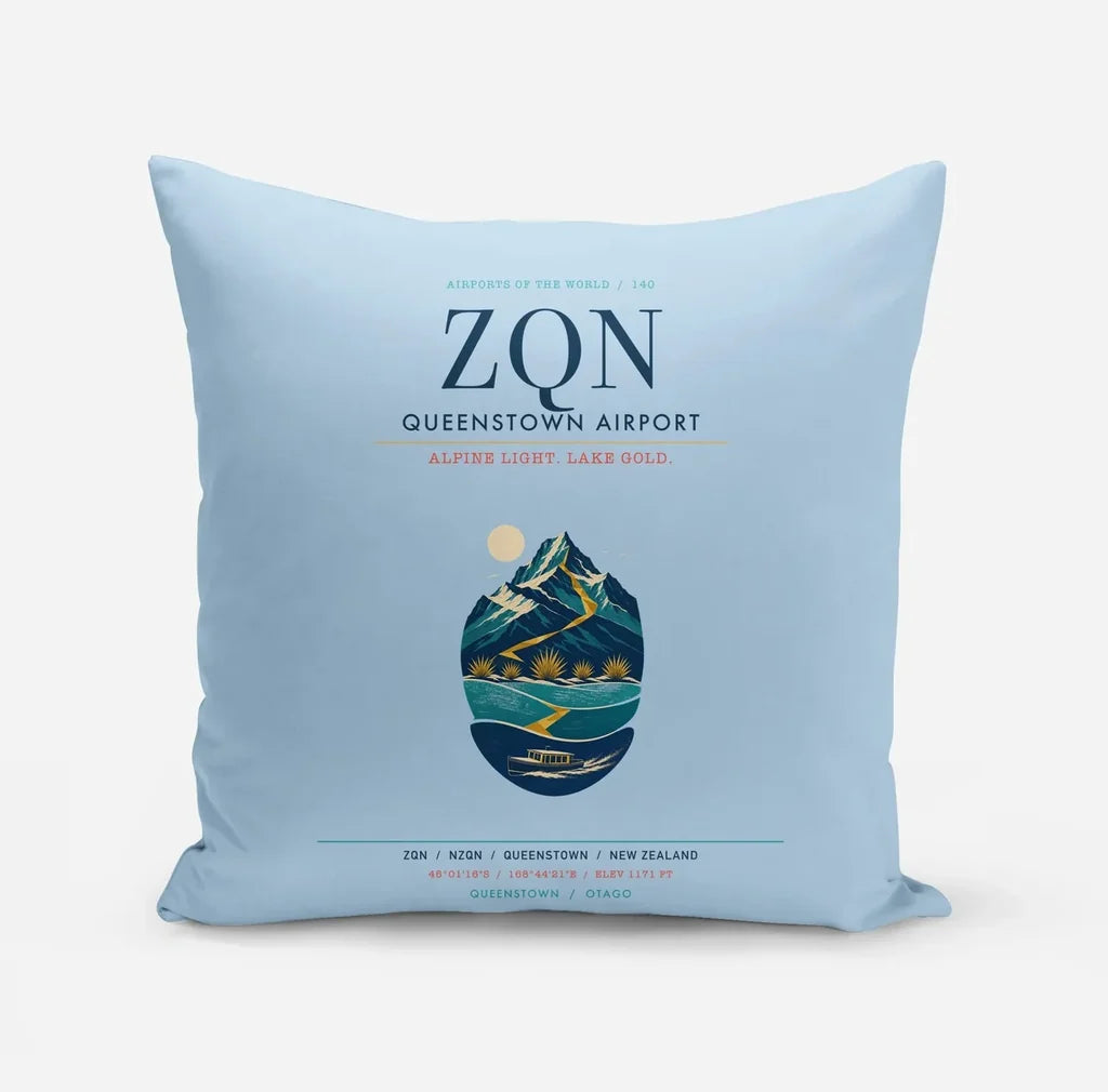 Queenstown Airport (ZQN) design on light blue pillow