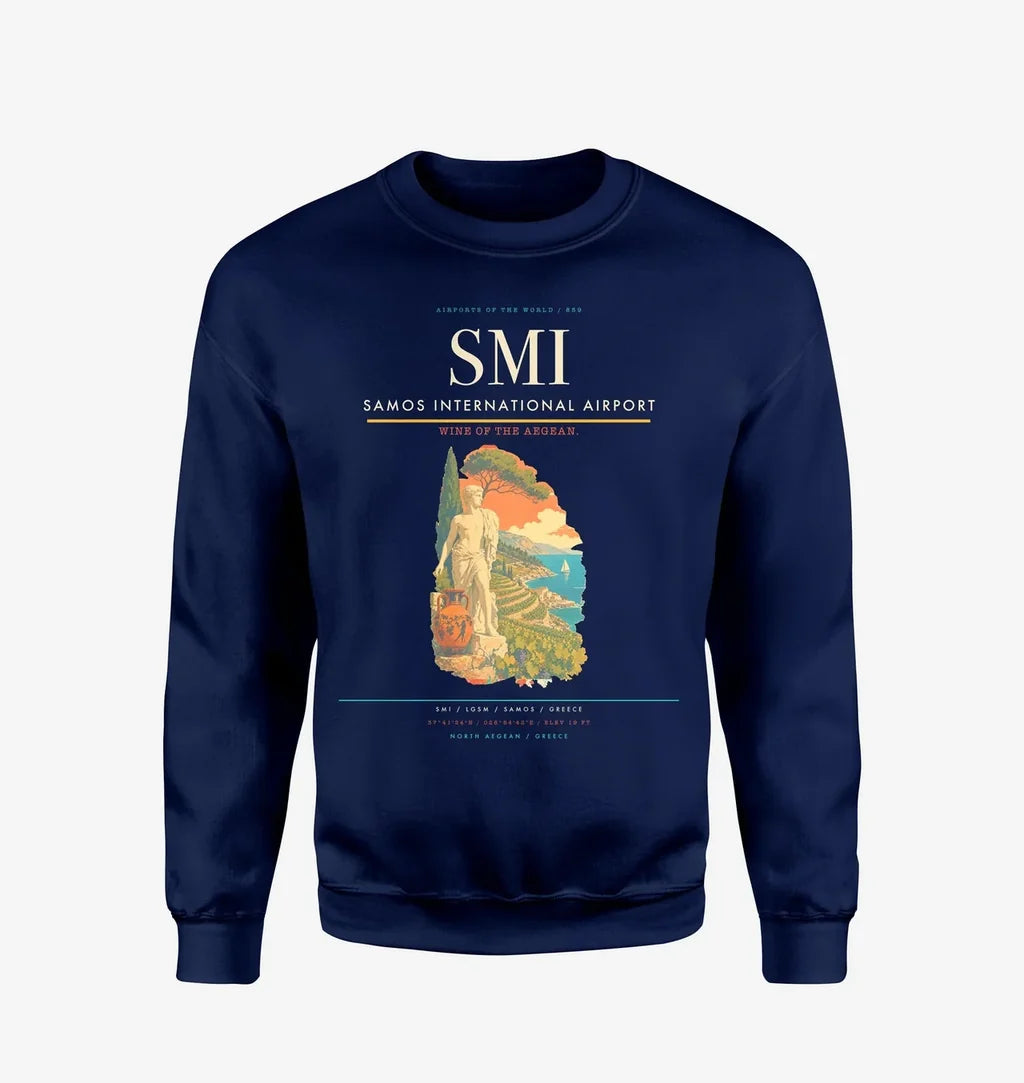 Samos International Airport (SMI) design on navy blue sweatshirt