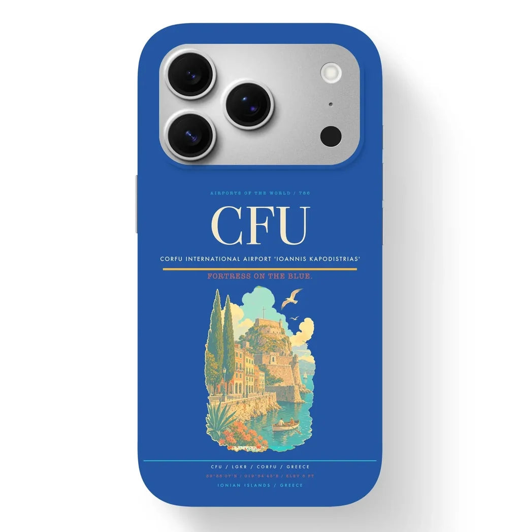 Corfu Airport (CFU) design on blue iPhone 17 Pro MagSafe case