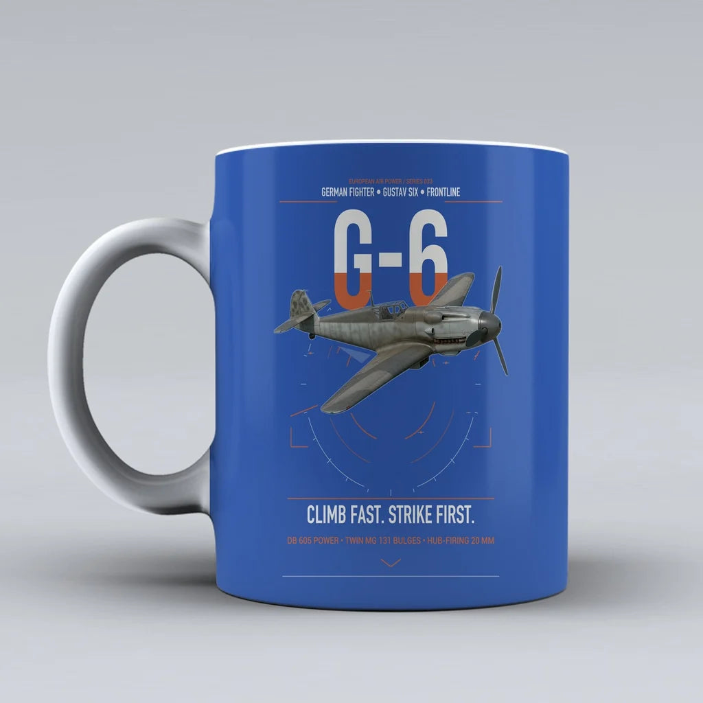 Messerschmitt Bf 109G-6 design on blue ceramic mug, double-side print