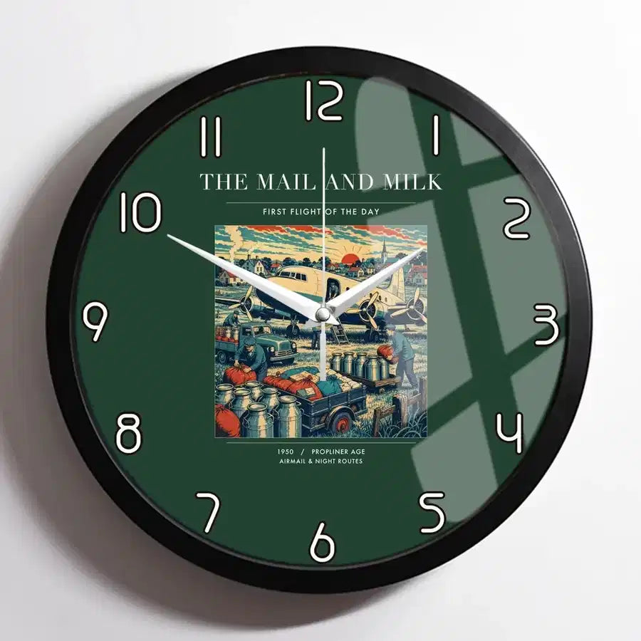 VINTAGE G4098 - The Mail And Milk - Designed Wall Clocks design on darkgreen framed