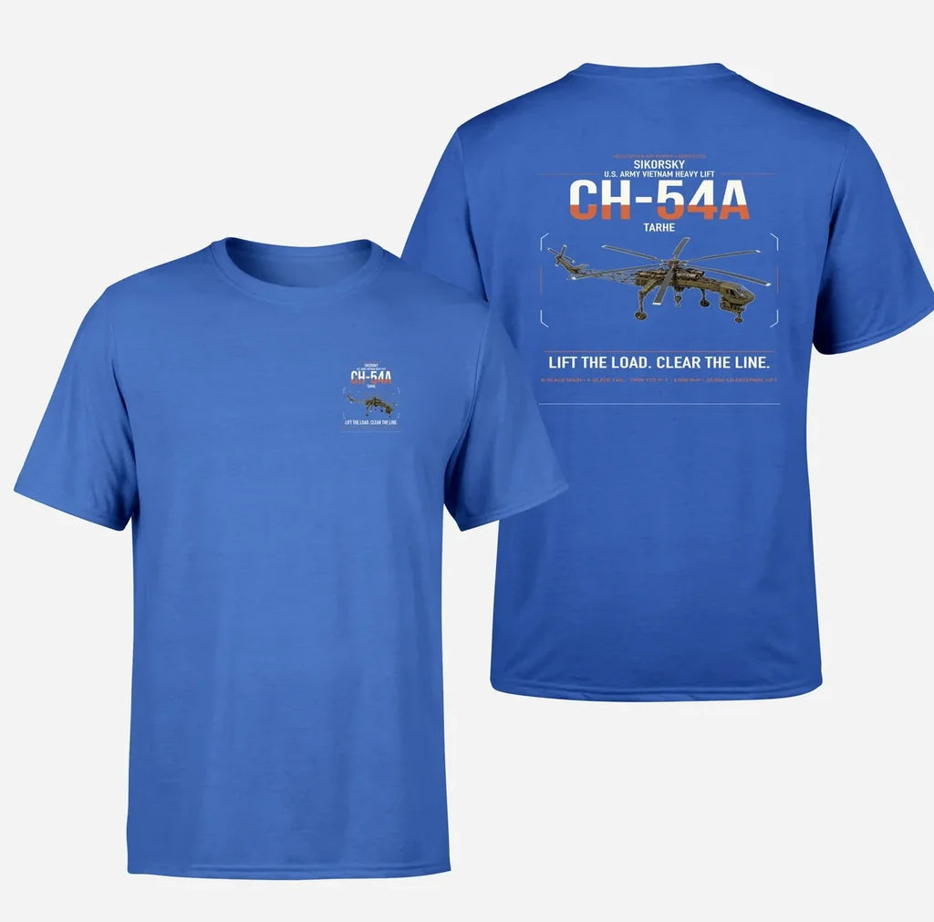 Sikorsky CH-54A Tarhe design on blue t-shirt, double-side print