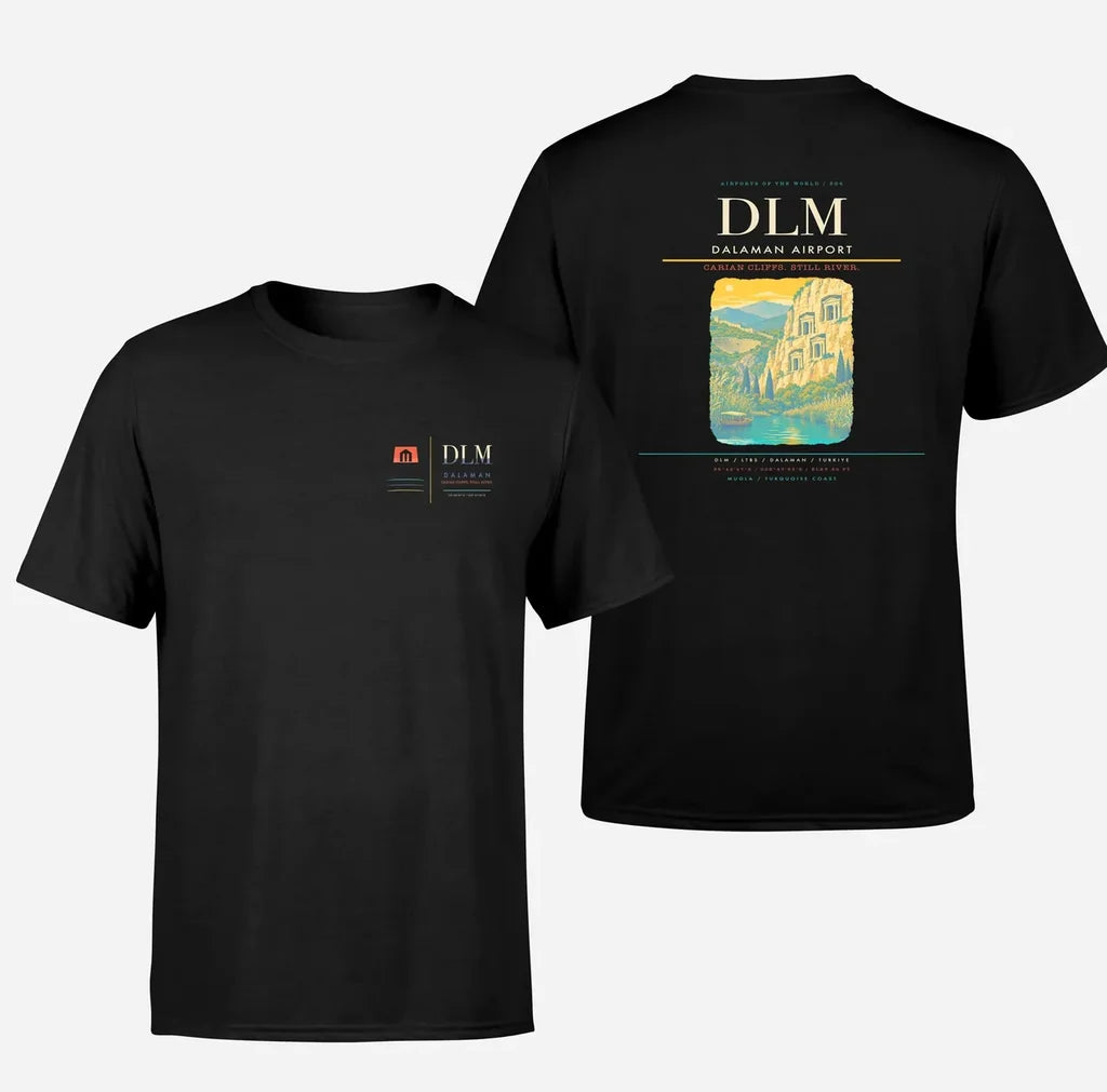 Dalaman Airport (DLM) design printed on black double-side t-shirt