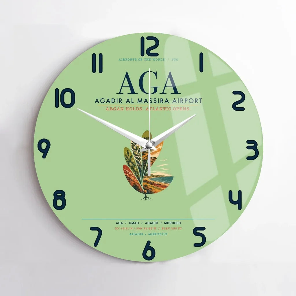 Agadir Al Massira Airport (AGA) design on light green no frame wall clock