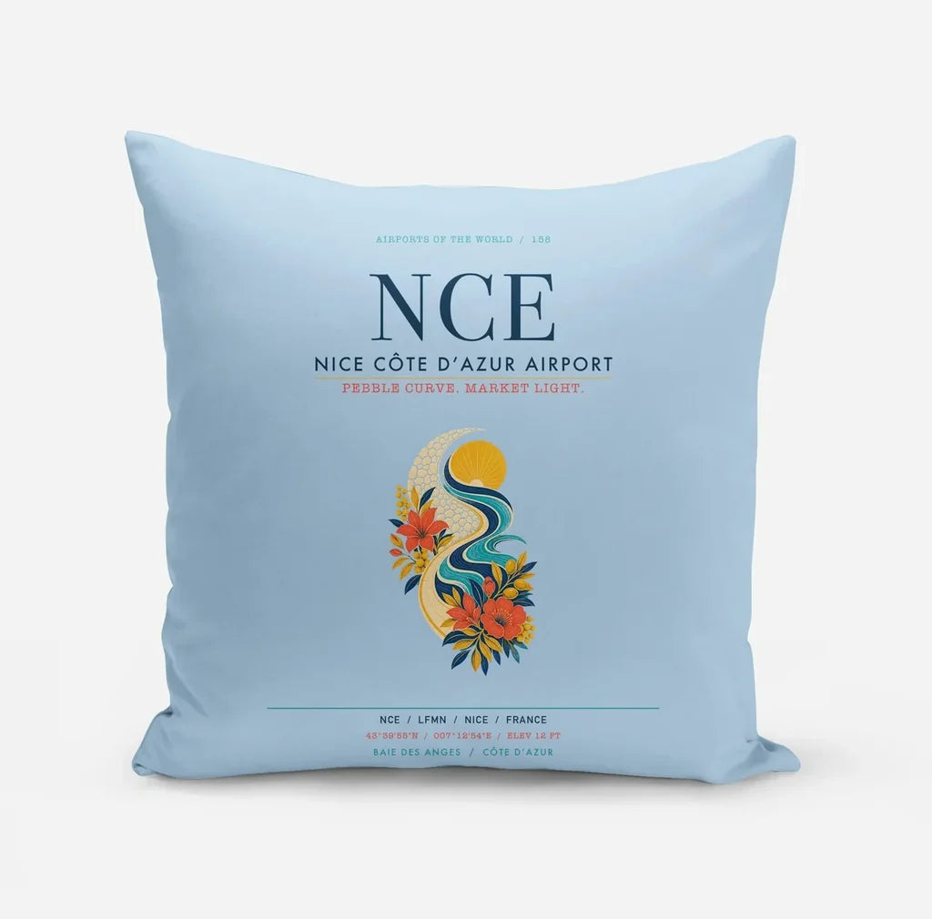 Nice Côte d’Azur Airport (NCE) design on light blue pillow
